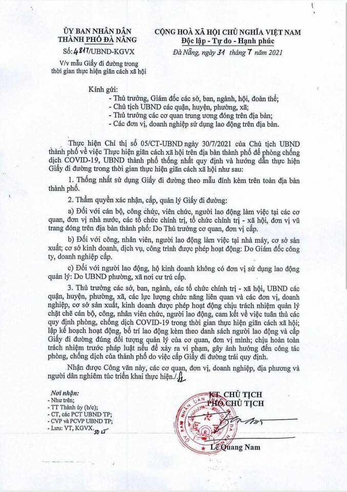 Công văn 4817 ngày 31/7/2021 của Đà Nẵng ban hành mẫu giấy đi đường